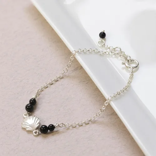 Vista 9 de Pulseras de plata de ley 925 para mujer, cuentas redondas de 0.118 pulgadas con dije de plata de ley de concha de mar, cadena ajustable de 6.3-7.1