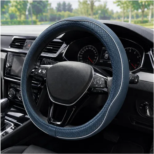 Vista 10 de Funda para volante de automóvil, 15 pulgadas, antideslizante, de cuero transpirable, protector de volante suave envolvente completo para hombres