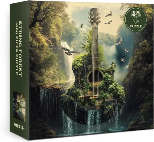 Vista 2 de Rompecabezas de 1000 piezas para adultos, diseño de bosque de guitarra, naturaleza, rompecabezas de fantasía, paisaje, pájaro, plantas, desafiantes