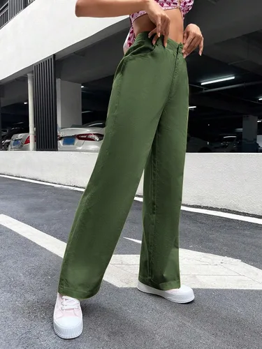 Vista 3 de WDIRARA Pantalones de pierna ancha de cintura alta con bolsillo y cremallera para mujer