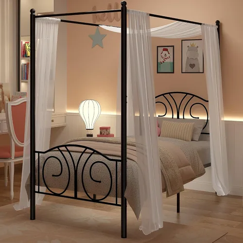 Vista 7 de VECELO - Marco de cama con dosel doble, cabecera vintage con voluta, color negro mate Twin canopy bed frame, Scrollwork metal headboard, Sturdy