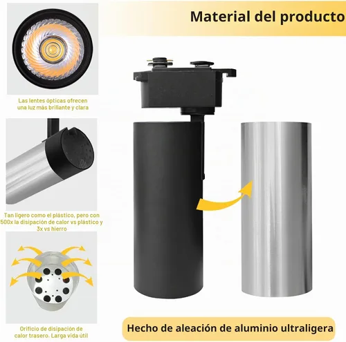 Vista 3 de J&L Tipo LED Kit de iluminación de riel regulable ajustable ángulo cabezas 3000K cálido