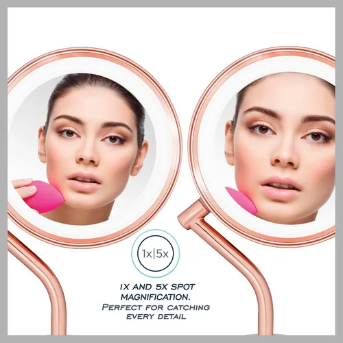 Vista 4 de Conair Espejo de maquillaje iluminado con aumento, espejo de tocador LED, espejo de aumento 1X/5X, espejo de doble cara, funciona con batería, oro