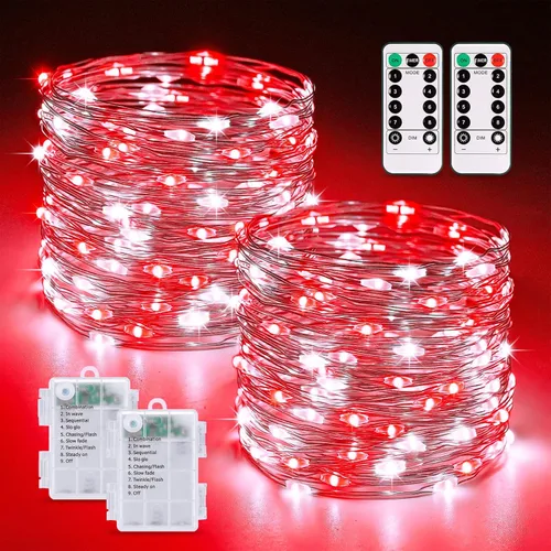 Vista 27 de JMEXSUSS Paquete de 2 Luces de Hadas Verdes a Batería, Total 200 LED 66 pies Luces de Cadena Parpadeantes con Control Remoto, 8 Modos de Luces