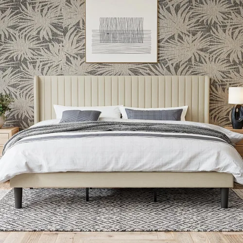 Vista 3 de GOLDORO Marco de cama King Size con base elevada, cabecera tapizada con botones verticales y alas, soporte de listones de madera, no necesita