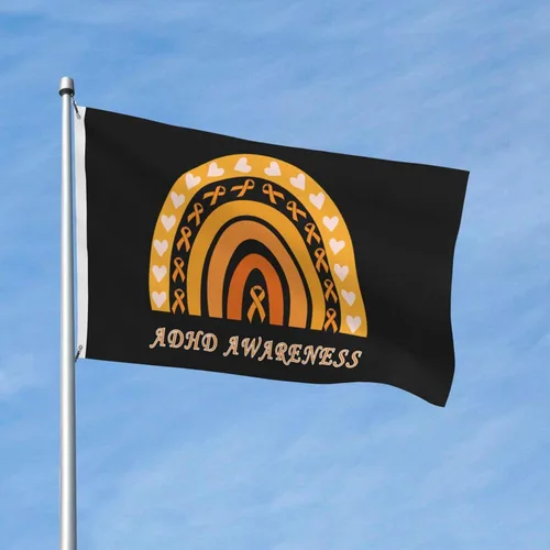 Vista 2 de Bandera de 3 x 5 pies ADHA Awareness - Cartel de doble cara con corazones de arco iris naranja grande para pared, dormitorio, sala de estar
