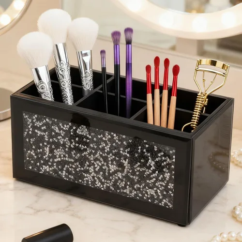 Vista 10 de SHYFOY Organizador Portacepillos de Maquillaje Negro, Organizador de Almacenamiento de Cepillos de Cosméticos de 3 Ranuras de Vidrio con Diamante