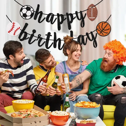 Vista 5 de Cartel deportivo de feliz cumpleaños, pancarta de cumpleaños con purpurina, fútbol, béisbol, fútbol, baloncesto (negro) Sports Birthday Party
