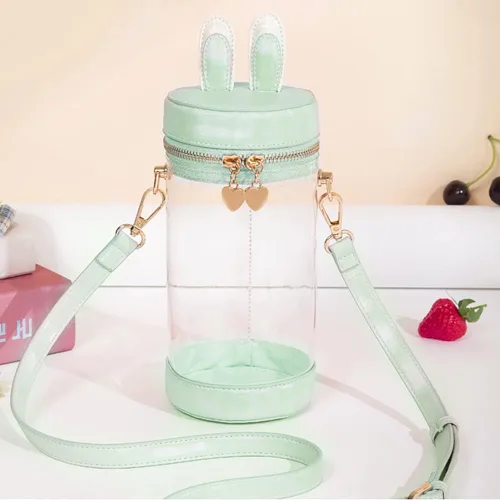 Vista 2 de Orejas de conejo transparente cubo Cilindro Ita bolsa, PVC amor doble cremallera bolso de hombro, Kawaii Lolita Crossbody Bag