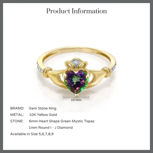 Vista 15 de Gem Stone King Anillo de compromiso claddagh celta irlandés de oro amarillo de 10 quilates con piedra preciosa en forma de corazón de 0.236 in