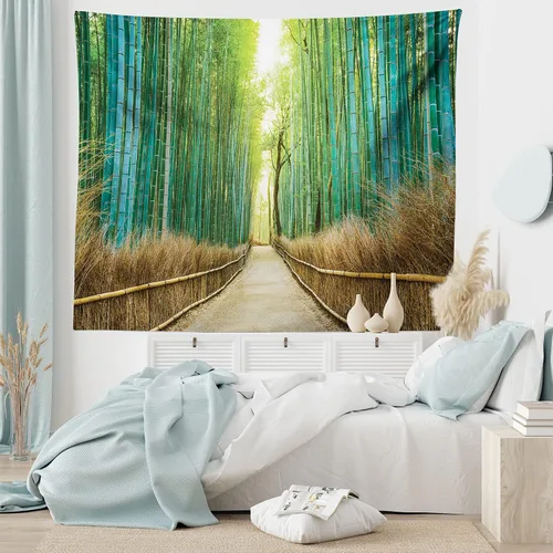 Vista 5 de Ambesonne Tapiz de bosque, fotografía panorámica del parque paisajístico histórico en Japón, estampado romántico, colgante de pared ancho