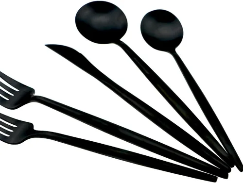 Vista 4 de JASHII 18/10 mate negro cubiertos de acero inoxidable 5 piezas Set, cuchillo tenedor ensalada tenedor postre cuchara de la cena, servicio de 1, lujo