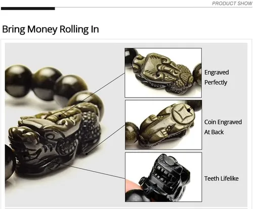 Vista 5 de Pulsera Feng Shui Pixiu Pulsera de dragón de la buena suerte Dije de piedra de energía natural de obsidiana dorada Joyería de pareja Obsidiana