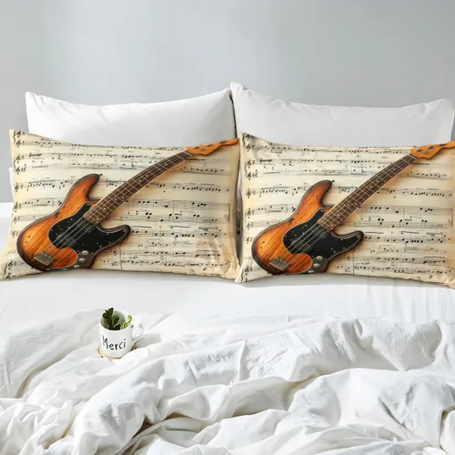 Vista 5 de Sábana bajera ajustable con estampado de guitarra, tamaño individual, protector de colchón con 1 funda de almohada, diseño de notas de partitura