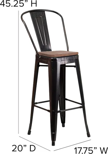 Vista 2 de Merrick Lane Amsterdam Taburete de bar – Silla de bar de metal negro antiguo con asiento de madera – Taburete de cocina con respaldo curvado