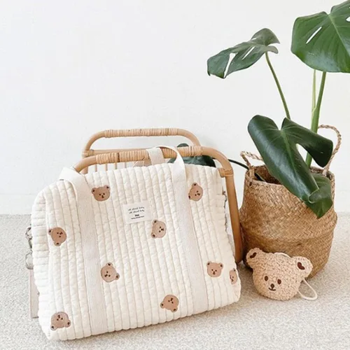 Vista 3 de Bolsa de pañales de algodón para bebé, bolsa de pañales de gran capacidad, bolsa de almacenamiento para cochecito de bebé, bolsa de almacenamiento