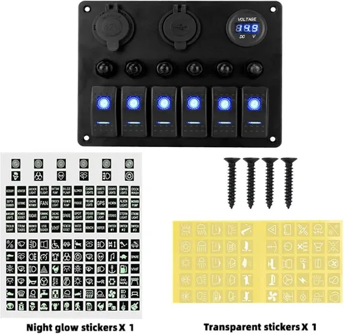 Vista 7 de Panel de interruptores marinos de 6 posiciones, panel de interruptor basculante de encendido y apagado de 12 V, voltímetro, cargador USB doble