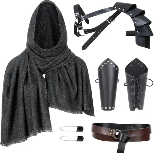 Vista 13 de Cinturón de cuero de caballero medieval para hombre, chal renacentista, capa de medio hombro, bufanda, brazaletes con hebilla, accesorios retro