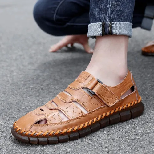 Vista 8 de MAIZUN Sandalias de cuero para hombre con puntera cerrada, zapatos de pescador de playa, sandalias deportivas de verano al aire libre