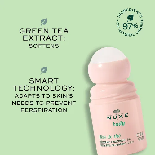 Vista 4 de NUXE Desodorante enrollable sin aluminio con té verde, rodillo natural de protección contra olores y sudor las 24 horas, comodidad de secado rápido