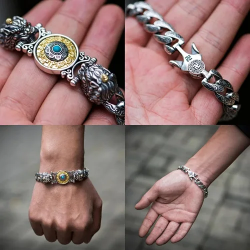 Vista 4 de Atraer la riqueza dinero y buena suerte, rueda de oración tibetana + mantra OM + pulsera Vajra Pestle, pulsera giratoria de plata de ley S925 Feng