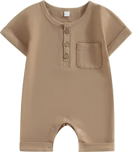 Vista 33 de Mameluco unisex de manga corta para bebé recién nacido, con botones, de una pieza, ropa de color sólido