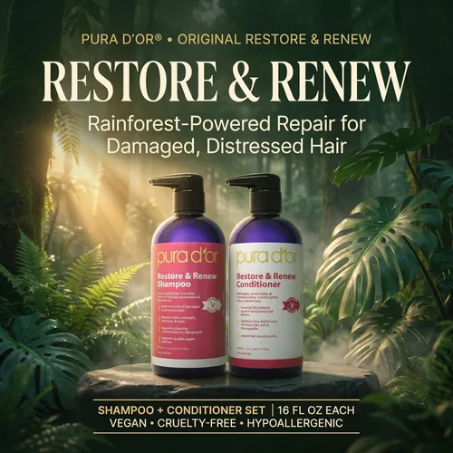 Vista 2 de PURA D'OR Restore & Renew Set de champú y acondicionador para cabello fuerte, saludable y nutrido con aloe vera orgánico, romero, espino amarillo