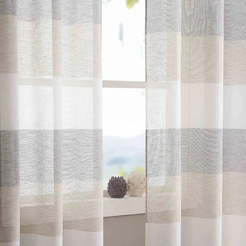 Vista 11 de Vision Home Cortinas traslúcidas a rayas color gris y azul ahumado, paneles de ventana rústicas de lino de 63 pulgadas de largo, cortinas rústicas