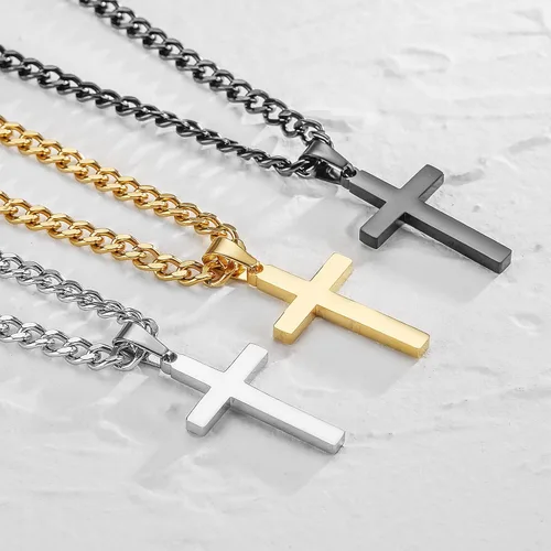 Vista 4 de Zocomi Collar de cruz de acero inoxidable en capas para hombres y niños, cadena de eslabones cubanos colgante de cruz, joyería religiosa regalos