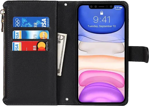 Vista 6 de Funda cruzada para iPhone 11 con correa, 6.1 pulgadas, color negro for Women Men,Credit Card Holder,9 Card Slots,Purse,Long Shoulder Lanyard,Short