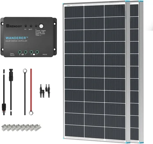 Vista 9 de Renogy - Kit básico de panel solar de 100W 12V, panel solar monocristalino de 100 vatios, controlador de carga PWM LCD de 30A, kit de adaptadores