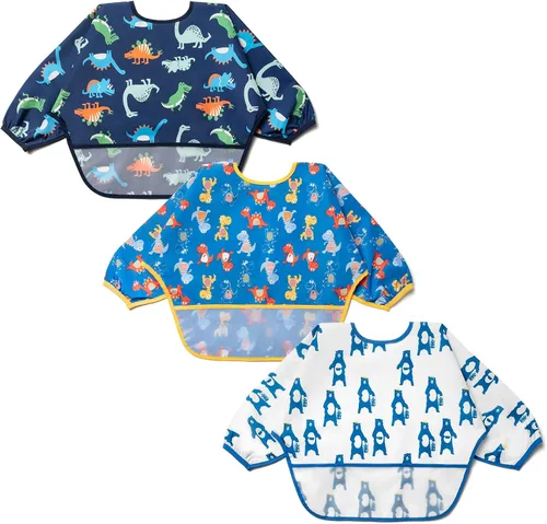 Vista 9 de Juego de baberos de manga larga de 3 piezas, baberos impermeables para bebés con bolsillo, babero para niños pequeños con mangas, bata resistente a