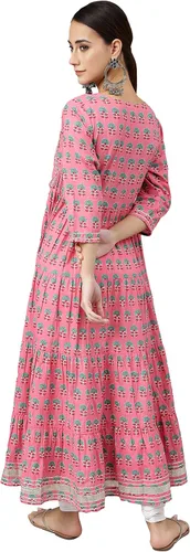 Vista 7 de Janasya Kurta acampanada con estampado de bloques de algodón rosa para mujer india
