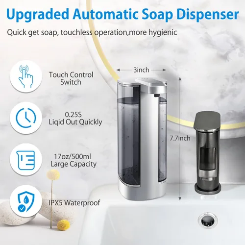 Vista 2 de Dispensador automático de jabón líquido, recargable, sin contacto, 17oz/500ml con 4 niveles de jabón ajustables, montaje en pared e impermeable