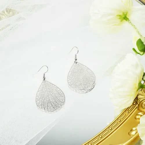 Vista 12 de 14K Gold Plated Silver Rose Gold Teardrop Filigree Dangle Earrings Lightweight Leaf Drop Earrings for Christmas Gift
