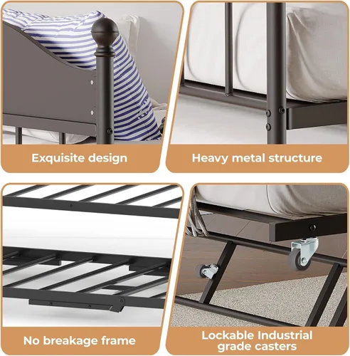 Vista 6 de IDEALHOUSE Sofá cama individual de metal con nido desplegable, cama de plataforma de listones de acero resistente con cabecera elegante, marco