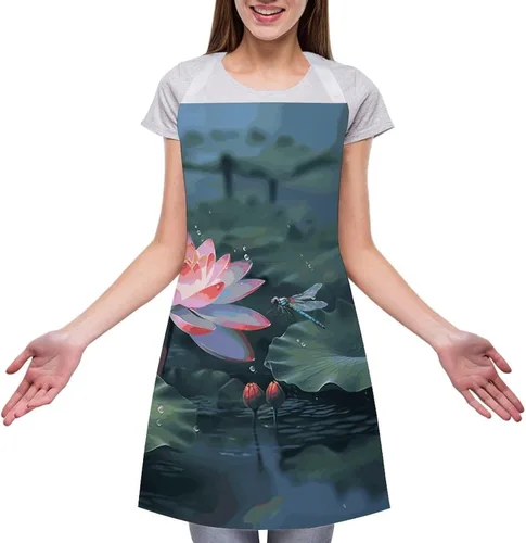 Vista 3 de MUSM Lotus Flower And Dragonfly Apron，Classic Vintage Funny with Pockets Aprons,Adjustable Bib Waterdrop Resistant for Kitchen Cooking Restaurant
