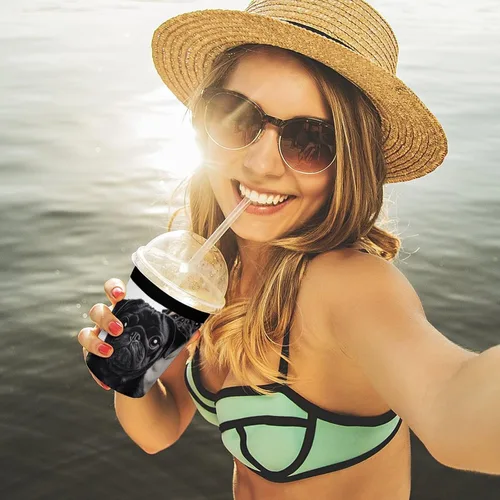 Vista 6 de Cute Black Pug Dog Reusable Insulated Neoprene Iced Coffee Cup Sleeves 3 Sizes Diving Material Cup Durable Beverage Covers for Cold Coffee Tea Drinks