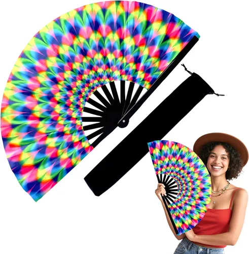 Vista 9 de Abanico de mano grande de 33 cm con luz UV para baile en línea, abanico plegable para botas, actuación, boda, fiesta - Abanico portátil de mano
