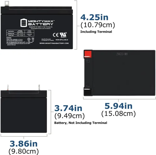 Vista 2 de Mighty Max Battery ML15-12NB 12V 15AH - Batería de repuesto compatible con Peg Perego IAKB0501