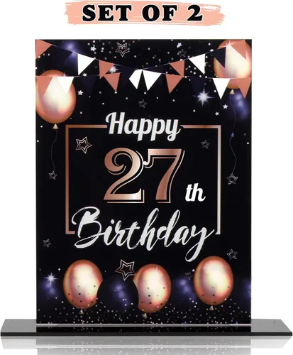 Vista 228 de LINGTEER Decoraciones de feliz cumpleaños número 11, 2 piezas de soporte de acrílico con impresión de pie rosa y azul, tablero de telón de fondo