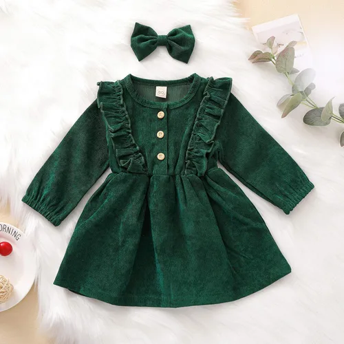 Vista 2 de Karuedoo Kids Toddler Baby Girl Corduroy Ruffle Long Sleeve Dress Princess Party Dress Fall Winter Skirt Outfit