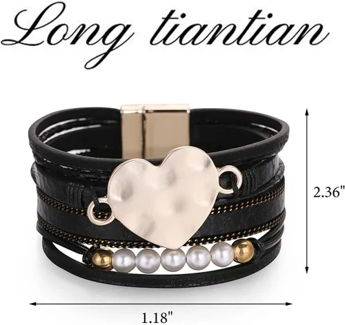 Vista 7 de Long tiantian Heart Leather Wrap Bracelets Pink Bracelets Stackable Boho Cuff Bangles Bracelets for Women Trendy Bracelets with Magnetic Clasp for