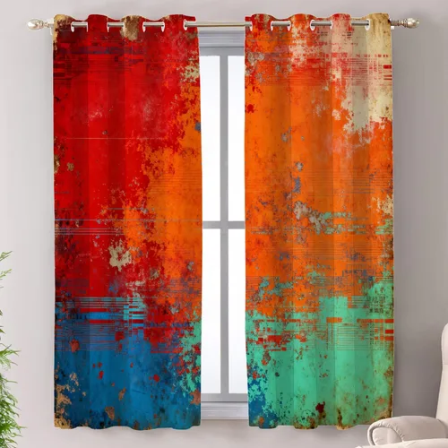 Vista 55 de Shrahala Beige and Orange Abstract Art Brushstrokes Blackout Curtain Tiers, Abstract Oil Paint Kitchen Valance Light Blocking Tier Drapes with Rod
