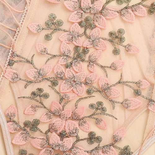 Vista 5 de Lilosy - Body de lencería de malla transparente diseño floral con encaje bordado una pieza