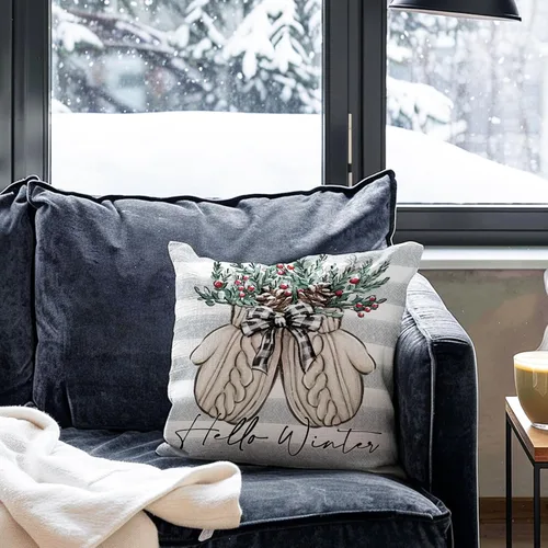 Vista 2 de Hello Winter Mitten - Funda de almohada decorativa gris de 16 x 16 pulgadas, guante, bayas rojas, rayas grises, porche, decoración del hogar al aire