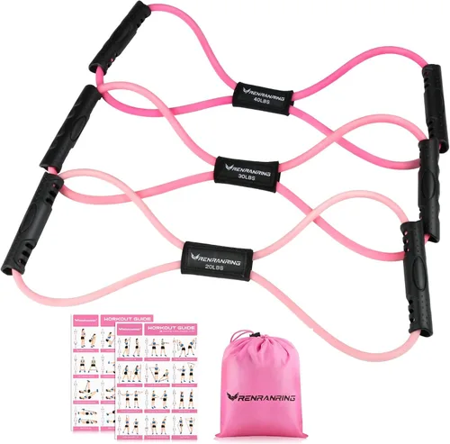 Vista 10 de RENRANRING Bandas de Resistencia de Fitness en Forma de 8 con Asas - Juego de 3 Bandas de Tubo de Ejercicio para Estiramiento de Brazos y Hombros