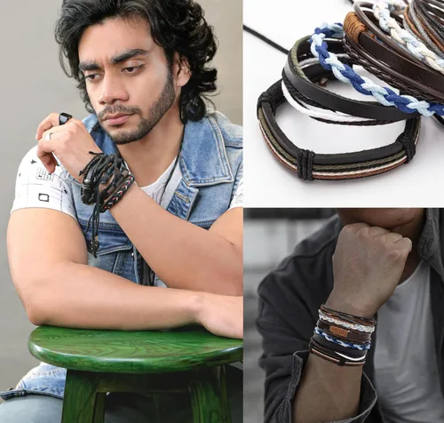 Vista 3 de Juego de 30 pulseras de cuero trenzado para hombres y mujeres, pulseras de cuentas de madera, cuerdas de cáñamo, étnicas tribales hechas a mano
