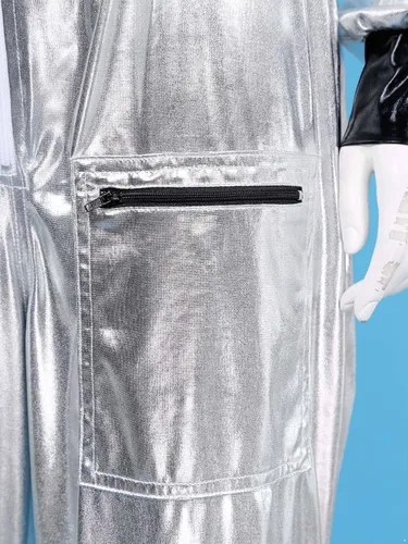Vista 7 de Sywiyi Disfraz de astronauta para adultos, para mujeres y hombres, con cremallera metálica brillante, traje espacial plateado