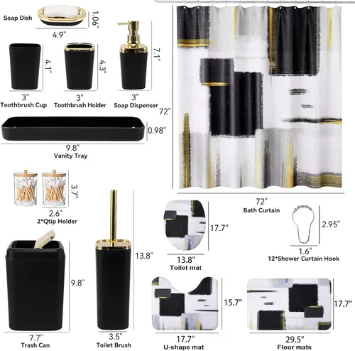 Vista 6 de XLHOMO Juego de baño – Juego de accesorios de baño negro, juegos de baño con cortina de ducha y alfombras, juego de cortina de ducha negra